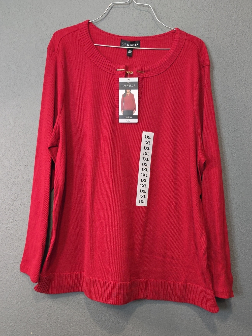 Rafaella Red Long Sleeve Vneck Top - 1XL